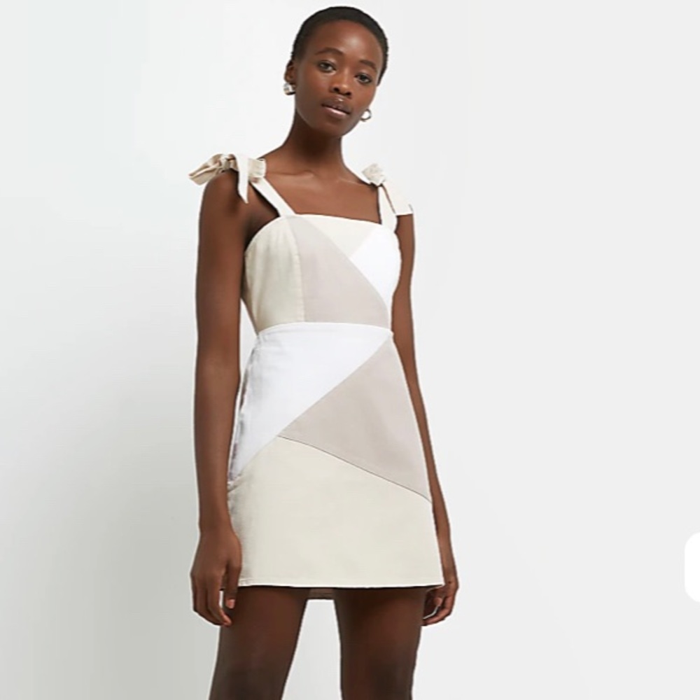 Ecru printed shift mini dress